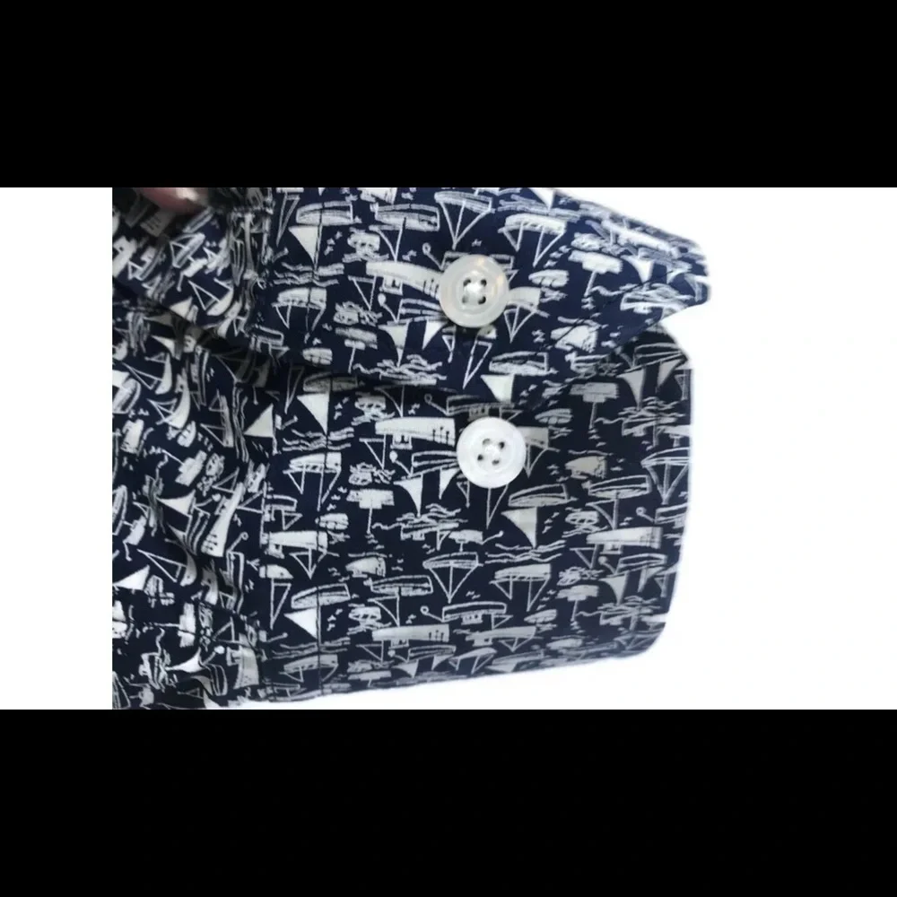 Charleston Threads Mens XL Button‎ Front Shirt Boat Pattern Blue White Casual